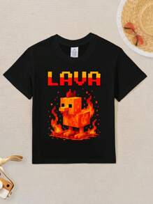 Boys' Fun Pixel Chicken Boiling Game Pattern T-Shirt - Fashionable LAVA Text And Pixel Art Design, 100% Breathable Cotton Short Sleeve Top, Machine Washable Casual Style, Suitable For All Seasons, Humorous Youth Shirt