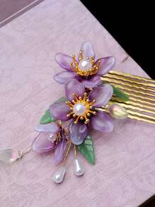 1 pieza / Elegante pinza para el cabello con diseño de flor de melocotón morado de gran tamaño, de 7CM de largo, con estilo antiguo chino, decoración para el cabello, cheongsam, borla larga, de material metálico con retención permanente del color, fácil de usar