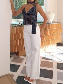 Women's Fashion Contrast Dot Cami Top With Deep V Backless Tie Strap Sheer Back - Black and White - View 5