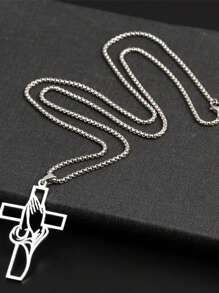 Collar de acero inoxidable 201 con cruz para niños - Colgante de manos en oración, fe cristiana, joyería religiosa, sin recubrimiento, apto para mayores de 15 años