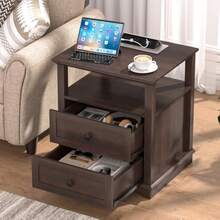 Mesa auxiliar con 2 cajones y estación de carga, con puerto Tipo C, USB y tomas de corriente, gabinete de almacenamiento de madera, mesa lateral grande - 1 - Ver 4