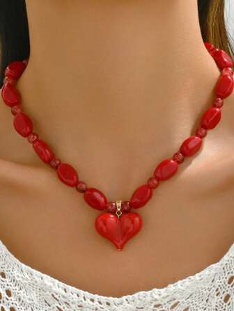 1pc Elegant Fashion Gold Heart, Orange & Red Resin 3D Heart Pendant Necklace With Asymmetrical Floral Pattern, Gold Chain, Suitable For Daily Wear, Vacation, Party Matching