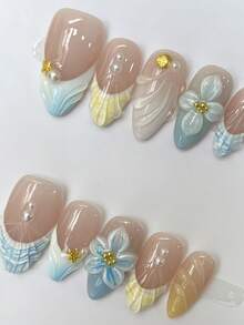 1 包/10 件手工制作的 3D 按压式指甲套装，可重复使用法式杏仁形 3D 花朵全覆盖指甲贴纸，适合女士，非常适合度假和休闲穿着，淡黄色和浅蓝色指甲，美甲用品 - 淺藍色 - 查看 3