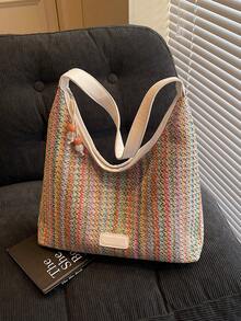 1 pezzo Borsa a spalla casual intrecciata, design colorblock, borsa tote di grande capacità, borsa hobo perfetta per l'uso quotidiano, lo shopping, i viaggi e le vacanze delle donne/ragazze/studenti - Beige - Visualizzare 11