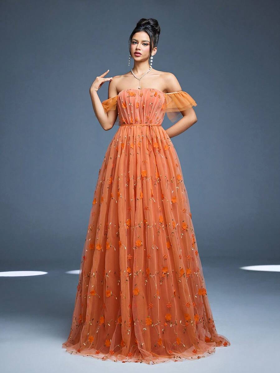 Strapless A-Line Wedding Dress With Embroidered Lace And Tie Details - Burnt Orange - View 1