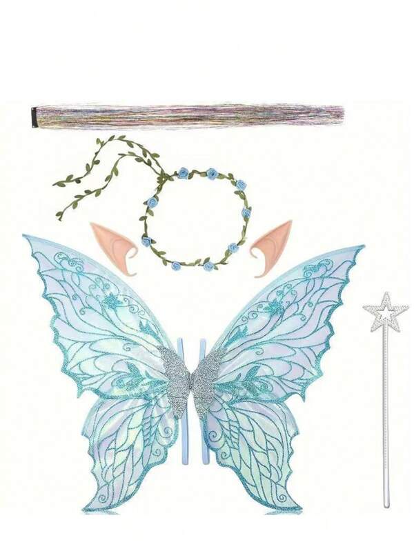 Colorful Fairy Wings Suitable For Both Adults And Girls, Fairy Costume Sets With Garlands, Fairy Hair Wire, Wands And Fairy Ears, Ideal Role-Playing Outfits, Suitable For Adult Photography Parties