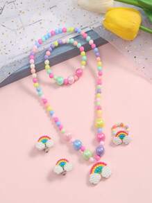 5pcs/Set Girls Cute Rainbow Pendant Beaded Necklace, Bracelet, Ring And Earrings, Lovely Jewelry Gift, Children Accessories (Bead Colors Random)