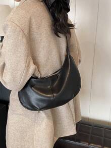 1pc Solid Color PU Shoulder Bag, Large Capacity Crescent Moon Design Women's Bag, Suitable For Adult Women Fashion Outfits And Outing - Black - View 7