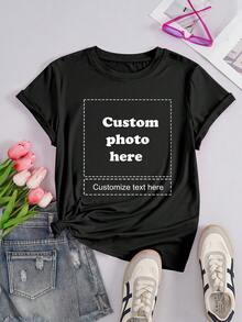Customized Women's T-Shirt - Add Your Text And Photos (Landscape/Badge/Couple/Family/Selfie/Pet), Choose Font And Color, Suitable For Summer Travel, Gift For Girlfriend, Women's T-Shirt, Fashion, Hiphop, Casual, Minimalist, Personalized, Customized, Unique, Men's Clothing, Capsule Wardrobe, Men's Basics/Streetwear, Ideal Gift For Him, Boyfriend, Family, Friends, Birthday, Holiday/Vacation, School/Competition, Sports/Climbing Black - Black - View 4