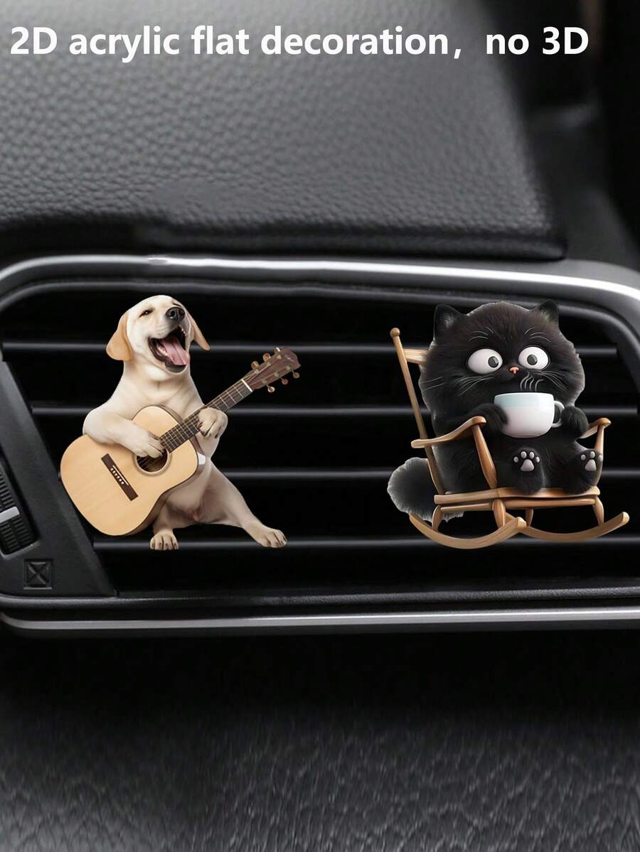 1pc/2pcs Cute Rocking Cat Acrylic 2D Flat Car Air Vent Fragrance Clip Car Diffuser Freshener Decor Set - Multicolor - View 1