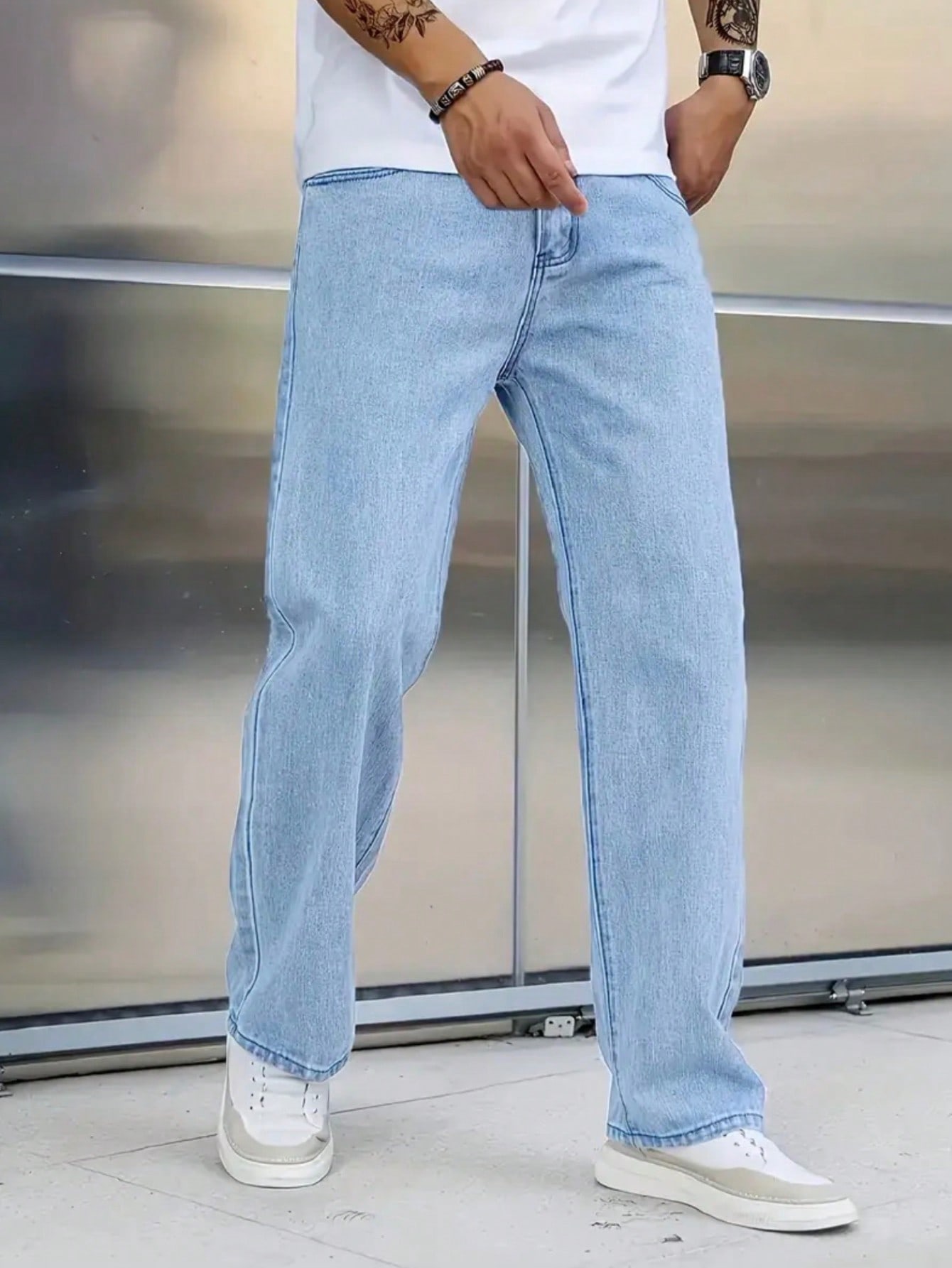 زوج بنطلون جينز للرجال كاجوال أزرق فاتح تصميم ساق...