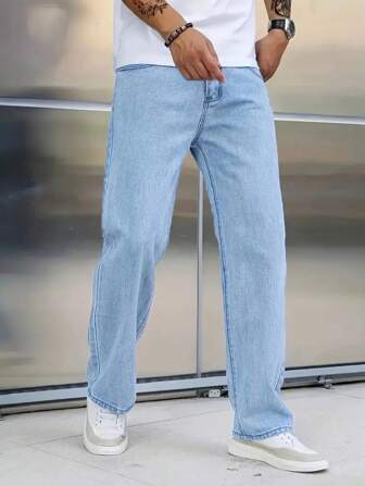 1pc Men's Straight Leg Regular Fit Casual Light Blue Denim Jeans, Comfortable Street Style Suitable For Urban Walking And Outdoor Activities, Spring/Summer