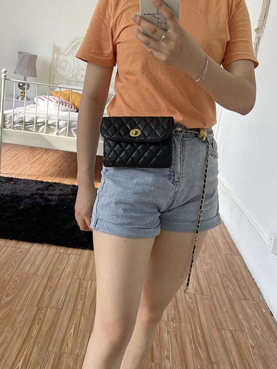 New Versatile Solid Color PU Fabric Diamond Shape Embroidery Detachable Sophisticated Chain Mini Functional Waist/Shoulder Bag - Black - View 1