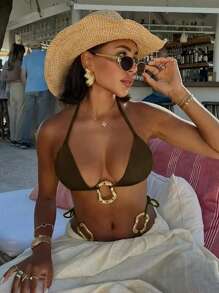 Women's Solid Color Halter Tie Sexy Metal Decor Bikini Swimsuit Set, Summer Beach