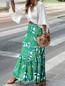 女士节日热带植物印花荷叶边下摆半身裙 - 藍白色 - 查看 1