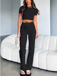 Spring Women's Fashionable Open Belly Short Sleeved Top, Slim Fit Lace Up Casual Pants Sports Suit