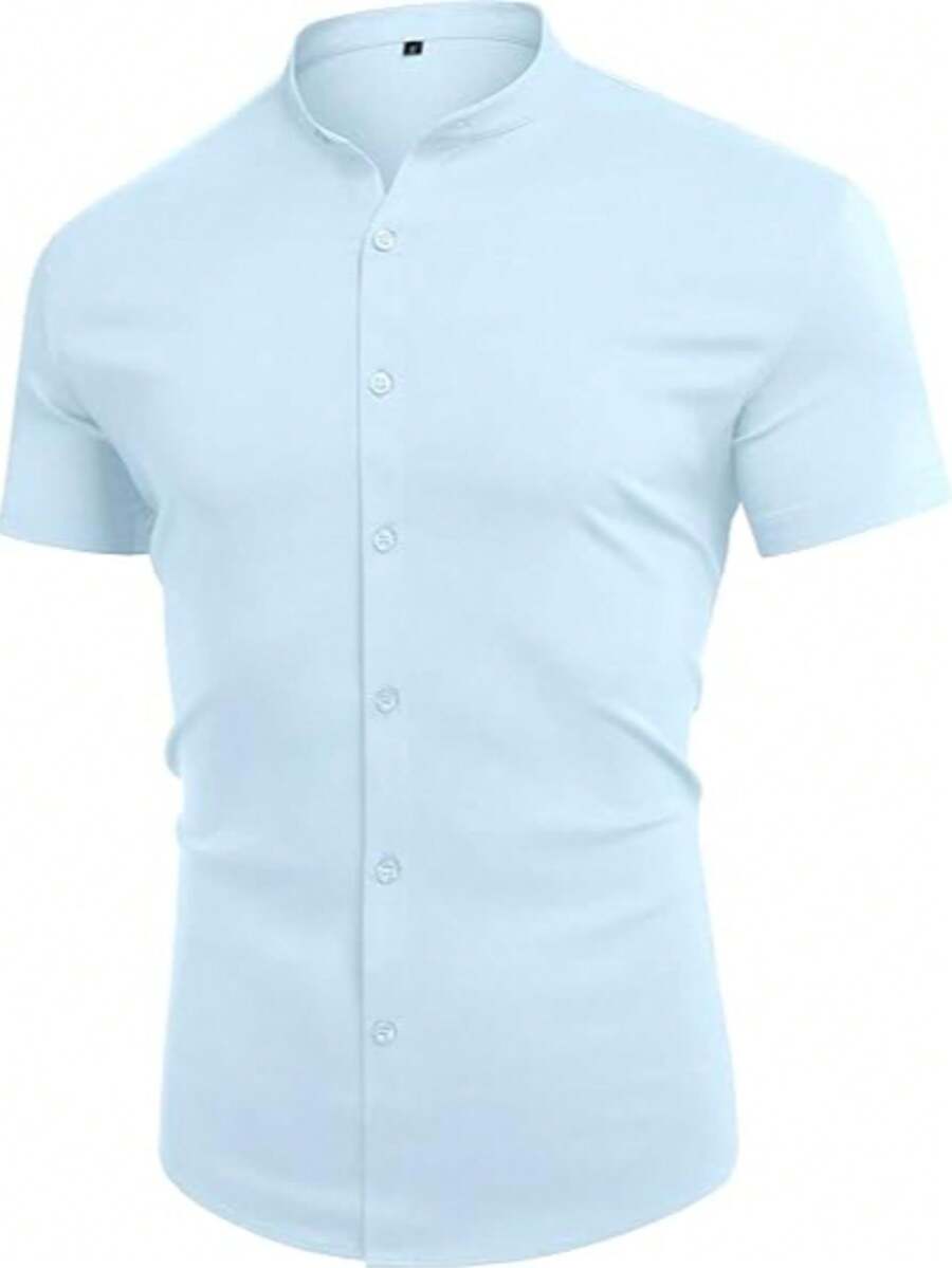 Men's Formal Shirt Chic Linen Priest Collar T-Shirt For Men - Baby Blue - View 1