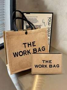 THE WOEK BAG Patterned Tote Bag And Makeup Pouch Set,Women'S Stylish Canvas Tote With Zipper Burlap Bag-Perfect For Shopping,Lightweight Burlap Shopping Bag, Personalized Wedding Gift Bag For Female Bridesmaids, Travel Storage Bag,Work Shopping Storage Bag,Large Capacity Travel Makeup Bag