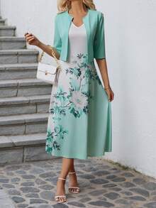 Women's Elegant Two-Piece Set, Half Sleeved Jacket And Floral Print Dress, Summer Outfits For Women - 綠色 - 查看 1