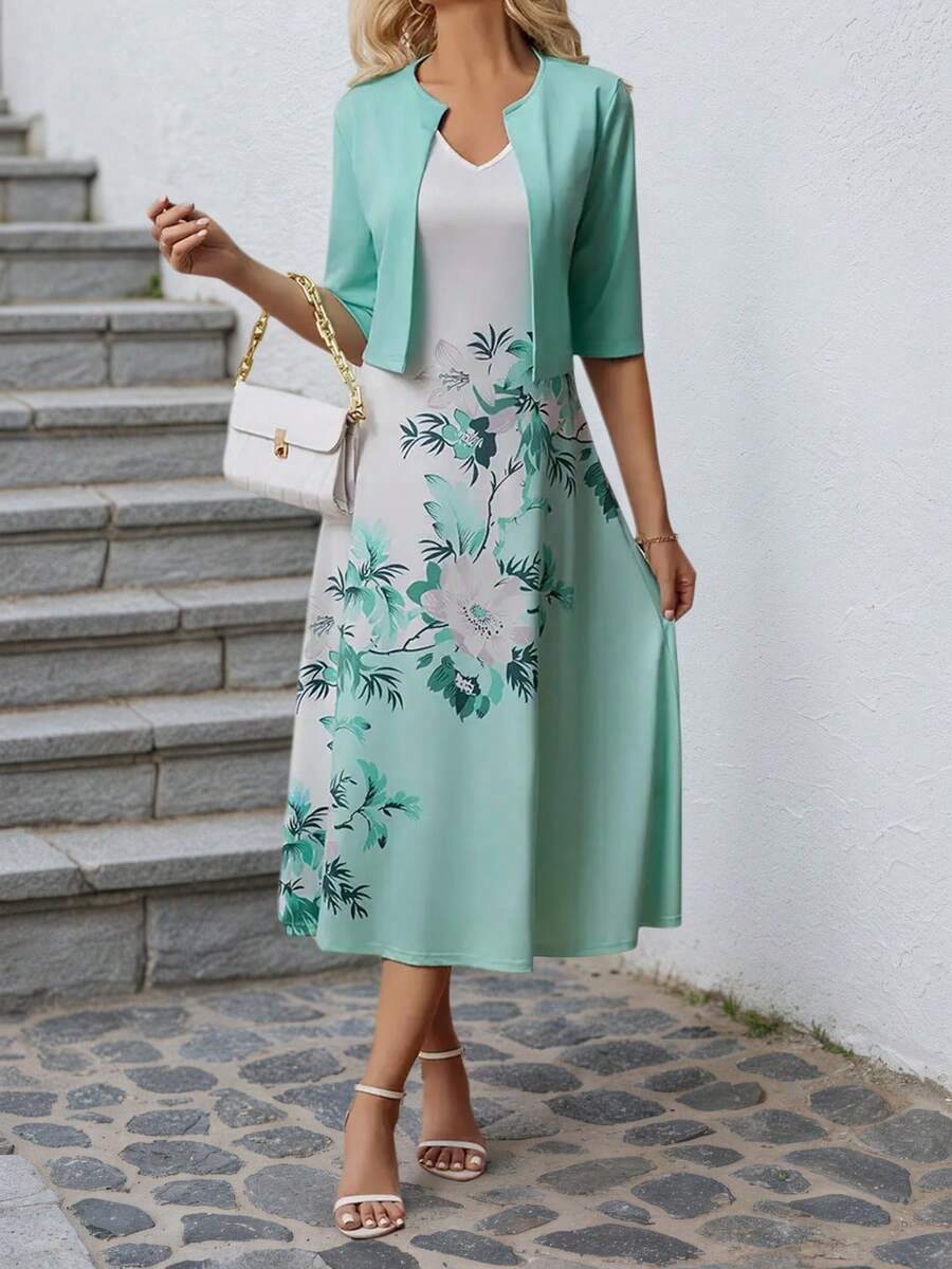 Women's Elegant Two-Piece Set, Half Sleeved Jacket And Floral Print Dress, Summer Outfits For Women - 綠色 - 查看 1