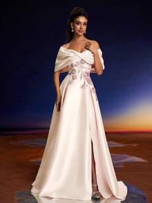 Women's Elegant Off Shoulder Sequin Applique Decor High Slit Formal Evening Dress