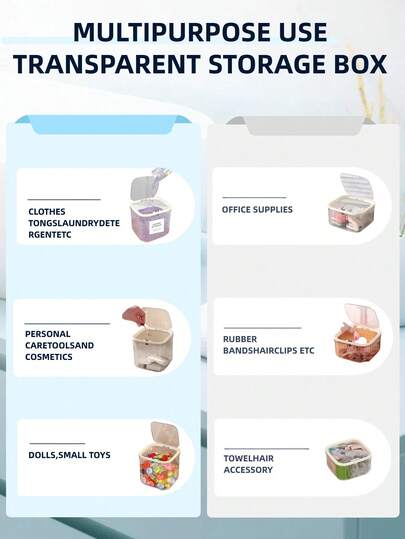 1 件按压式桌面收纳盒，发饰整理盒，用于夹子、发带、透明弹性整理盒，用于毛巾、洗衣液、文具、玩具、橡皮筋等。