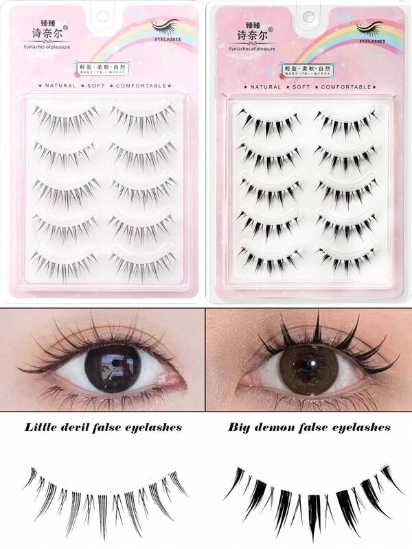 5 Pairs Natural Long Cartoon Character Makeup Big Eyelash Cat Eyelash Full Strip False Eyelashes, For Party, Holiday, Date, Suitable For Beginners