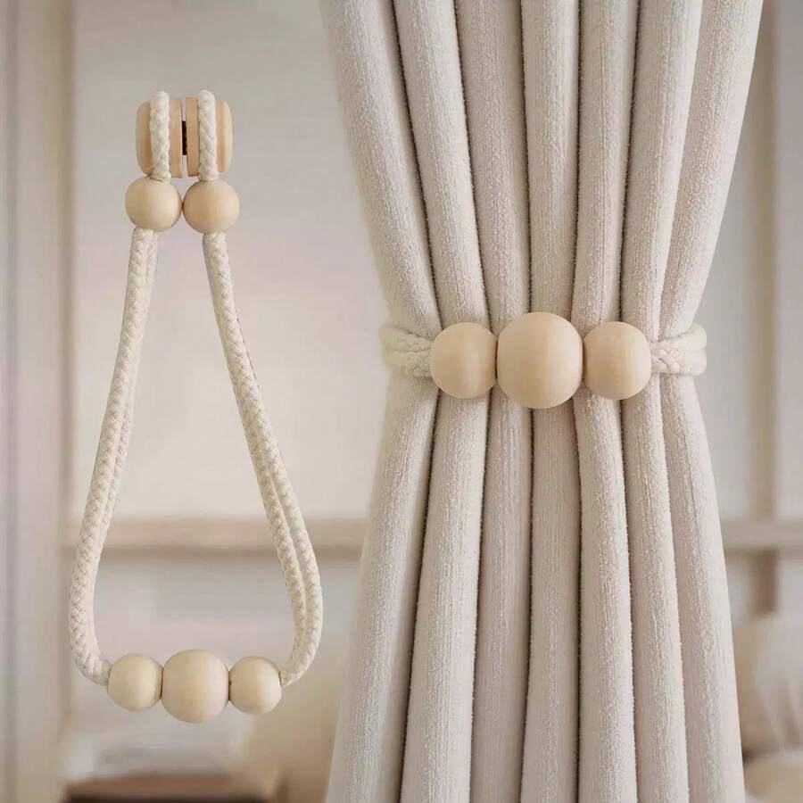 1pc/2pcs Bohemian Style Magnetic Curtain Tie Backs, Creative Curtain Accessories, Window Decoration Ropes - Beige - View 1