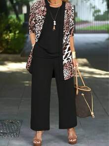 Bộ 3 món: Áo khoác cardigan màu trơn thường ngày cho nữ, Áo ba lỗ cổ tròn không tay, Quần ống đứng có túi xếp ly cạp chun, Bộ đồ công sở, Xuân/Thu/Đông - Nhiều màu - Xem 1