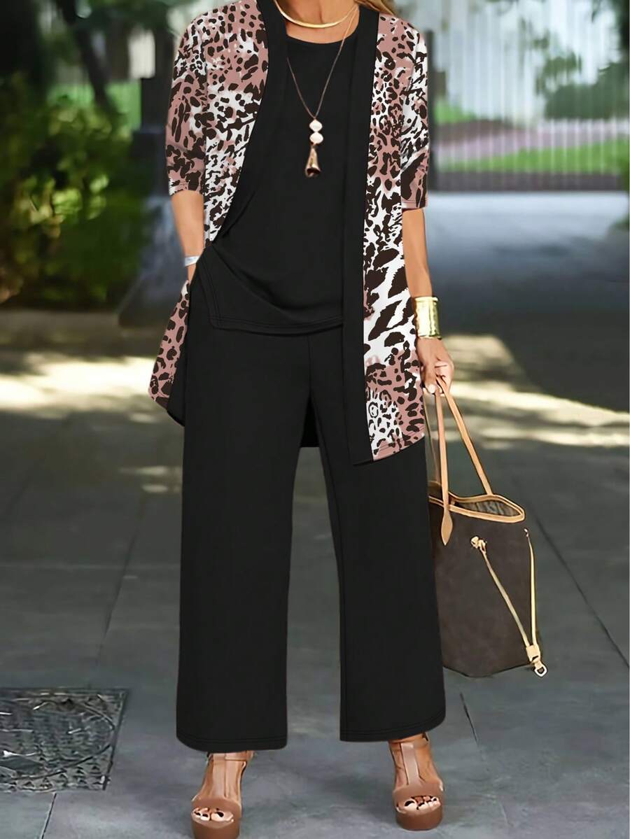 Bộ 3 món: Áo khoác cardigan màu trơn thường ngày cho nữ, Áo ba lỗ cổ tròn không tay, Quần ống đứng có túi xếp ly cạp chun, Bộ đồ công sở, Xuân/Thu/Đông - Nhiều màu - Xem 1