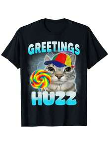 Funny Greetings Huzz T-Shirt, Humor Cat Alpha Shirt, Short Sleeve Tee For Men Women, Top Shirt Gift For Boyfriend Husband - 黑色 - 查看 1