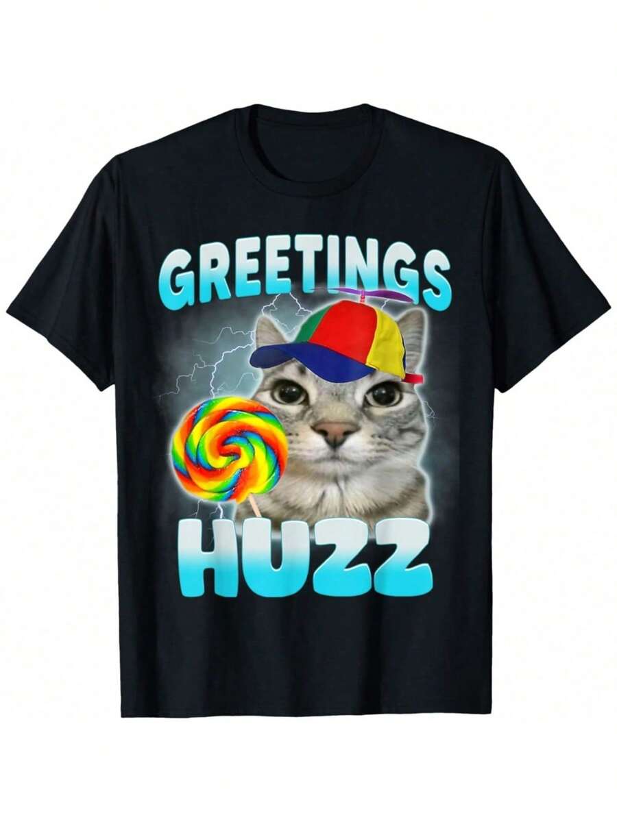 Funny Greetings Huzz T-Shirt, Humor Cat Alpha Shirt, Short Sleeve Tee For Men Women, Top Shirt Gift For Boyfriend Husband - 黑色 - 查看 1
