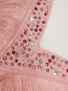 NIKBK 女士粉色舞台及演唱会吊带连体裤，饰有水钻，深V领，挂脖设计，腰部镂空，水钻饰边，流苏下摆，短款派对/夜店修身连衣裙，生日/情人节礼服 - 藕粉色 - 查看 8