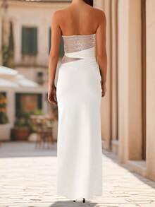 Women's Summer Long Tube Dress Sheer Lace Patchwork Sleeveless Strapless Backless Bodycon Ankle Length Dress - 白色 - 查看 5