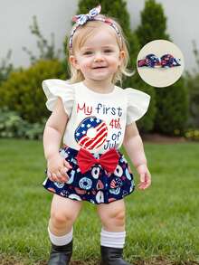 My First 4th Of July Baby Girl Outfit Popsicle Letter Print Flying Sleeve Romper Popsicle Pattern Tiered Ruffled Tutu Skirt Shorts Set Fourth Of July Clothes - trắng - Xem 5