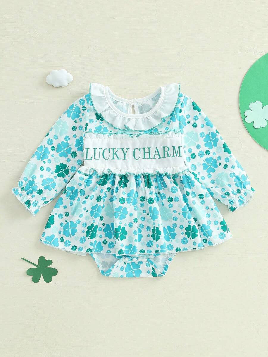 Baby Girl Romper Newborn Dress Long Sleeve Letter Bowknot Doll Collar Bodysuit Ruffle Skirt Cute Spring Clothes - 墨綠色 - 查看 1