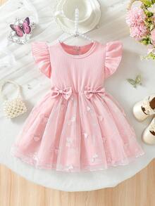 Newborn Baby Girl Summer Round Neck Bow Princess Dress Set, Suitable For Infant Daily Activities And Festivals In Spring & Summer - Pink - View 1