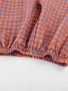 2pcs/Set Women's Pajamas Loungewear, Open Front Lace Patchwork Plaid Print Short Sleeve Top, 3/4 Length Pants With Ruffle Hem, Comfortable For Home Wear - Coral Orange - View 10