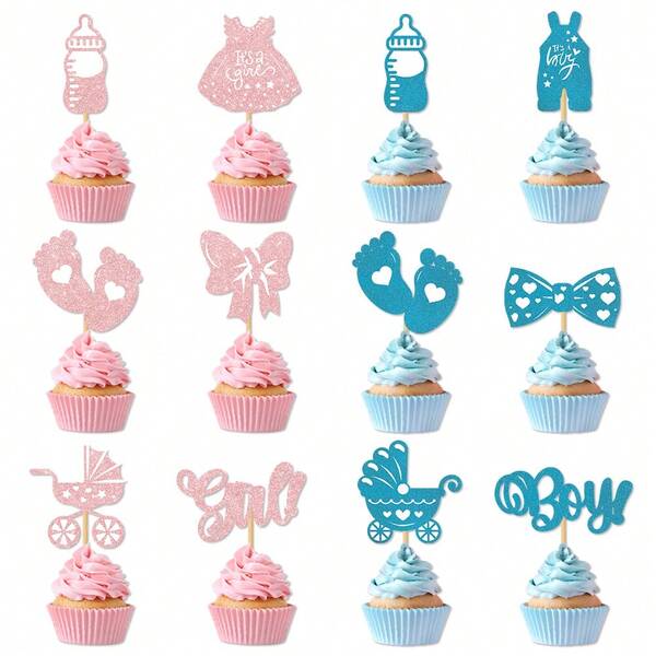 12/24PCS Gender Reveal Party Cupcake Decorations Toppers Blue And Pink Cake Toppers