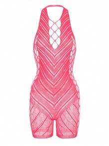 1 pezzo Tuta monopezzohalter fuxia sexy con cut-out nella cavallo, ultra-sottile, ad alta elasticità, adatta per feste, vacanze, appuntamenti di coppia