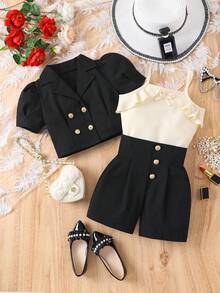 3pcs/Set Girls Chic Mandarin Collar Puff Sleeve Top+ Ruffle Strap Vest+ Waistband Button Hem Shorts, Spring/Summer Back To School - Black - View 1