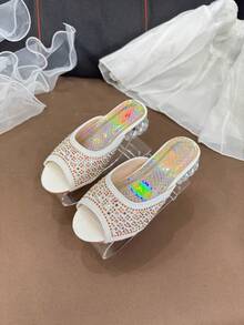 1 Pair White Shiny Princess Crystal Heel Mule Slippers, Elegant & Versatile For Everyday Wear - White - View 3