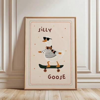 1pc Vintage Funny Skateboard Duck Abstract Silly Goose Animal Modern For Home Office Decor, Perfect For Living Room, Bedroom, Kitchen, And More Decor Gift Optional Frame ,Wall Art With Frame