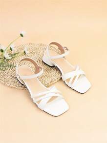 Wide Fit Women Simple Style Criss-Cross Slingback Low Heel Open Toe Sandals, New Summer Mid Heel Strap Classy Dress Shoes, Versatile Elegant High Heels