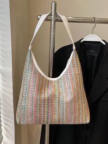 1 pezzo Borsa a spalla casual intrecciata, design colorblock, borsa tote di grande capacità, borsa hobo perfetta per l'uso quotidiano, lo shopping, i viaggi e le vacanze delle donne/ragazze/studenti - Beige - Visualizzare 13