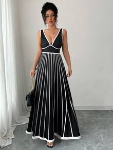 Vestido largo de corte evasé de escote profundo en V sin mangas, ajustado, con estampado de contraste en blanco y negro, para uso casual, oficina diaria, graduación y fiestas, nueva ropa de mujer para primavera y verano - Blanco y Negro - Ver 5