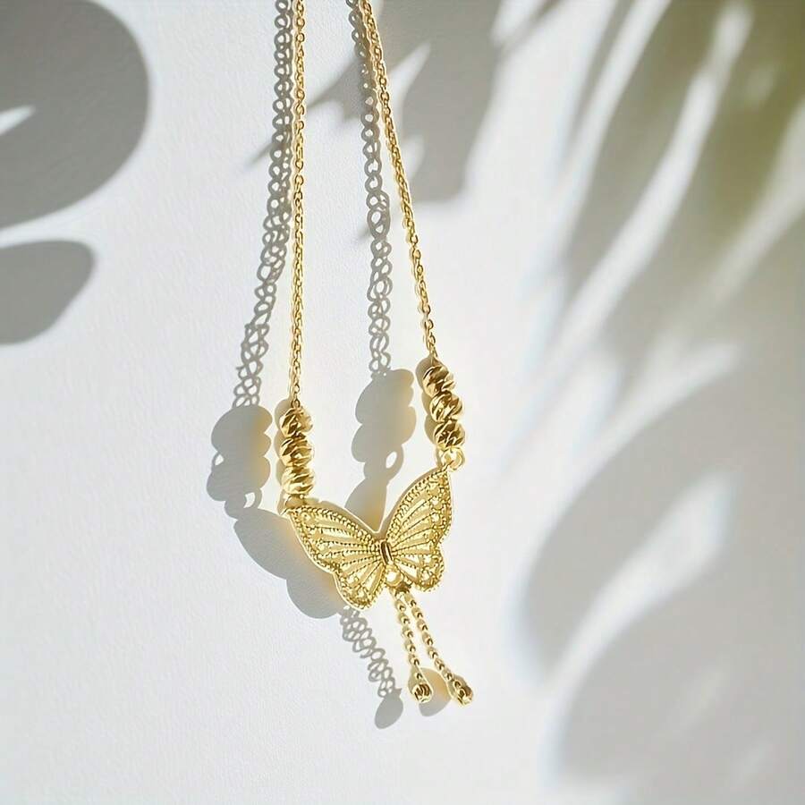 1入組金色空心蝴蝶吊墜帶幸運珠，適合女士日常佩戴 - 金色 - 查看 1