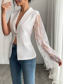 Women's Elegant Fashion Lace Panel Collar Blazer, Solid Woven Fabric Lace Splice Suit Jacket For Evening Date, Festival, Daily Formal Occasion, Spring Summer Autumn - White - View 4