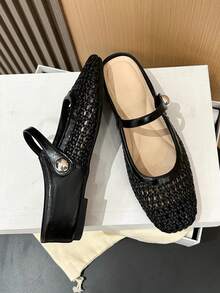 Xin Jing Shoes 2025秋季女士平底鞋时尚百搭编织镂空绑带平底增高通勤平底鞋穆勒鞋 - 黑色 - 查看 9