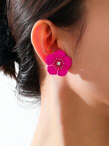 1 pereche de cercei stud cu flori din metal, drăguți și colorate proaspete, pentru femei, cu centru floral cu strasuri